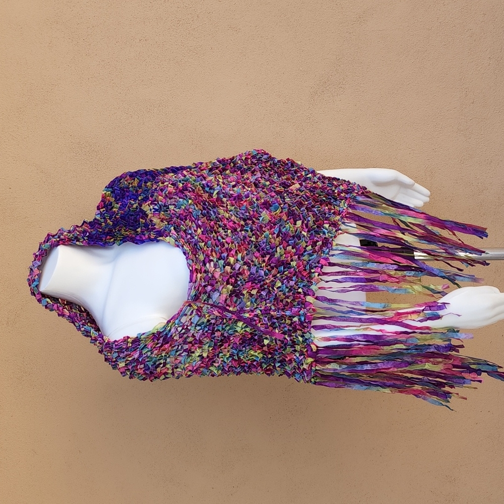 VINTAGE HANDMADE Ribbon Weave Woven Shawl Cocoon Poncho Top Ombre Purple Y2K - Picture 12 of 16